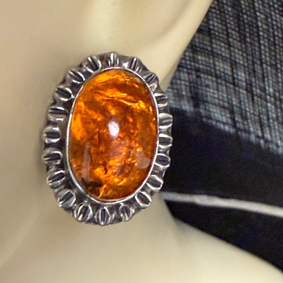Sterling Silver Amber Oval Stud Earrings - Deep Orange - Picture 13 of 13